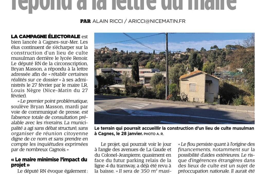 Nice-Matin : Je réponds à la lettre ouverte du maire de Cagnes-sur-Mer concernant le projet de mosquée !